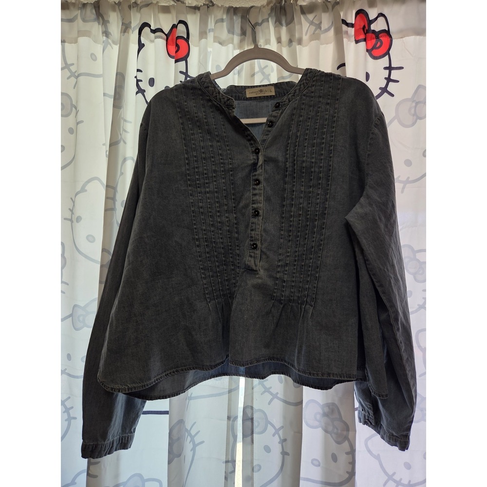 Natural Life Chambray Blouse Button Up Cotton Pleated Peplum Boho Coastal L